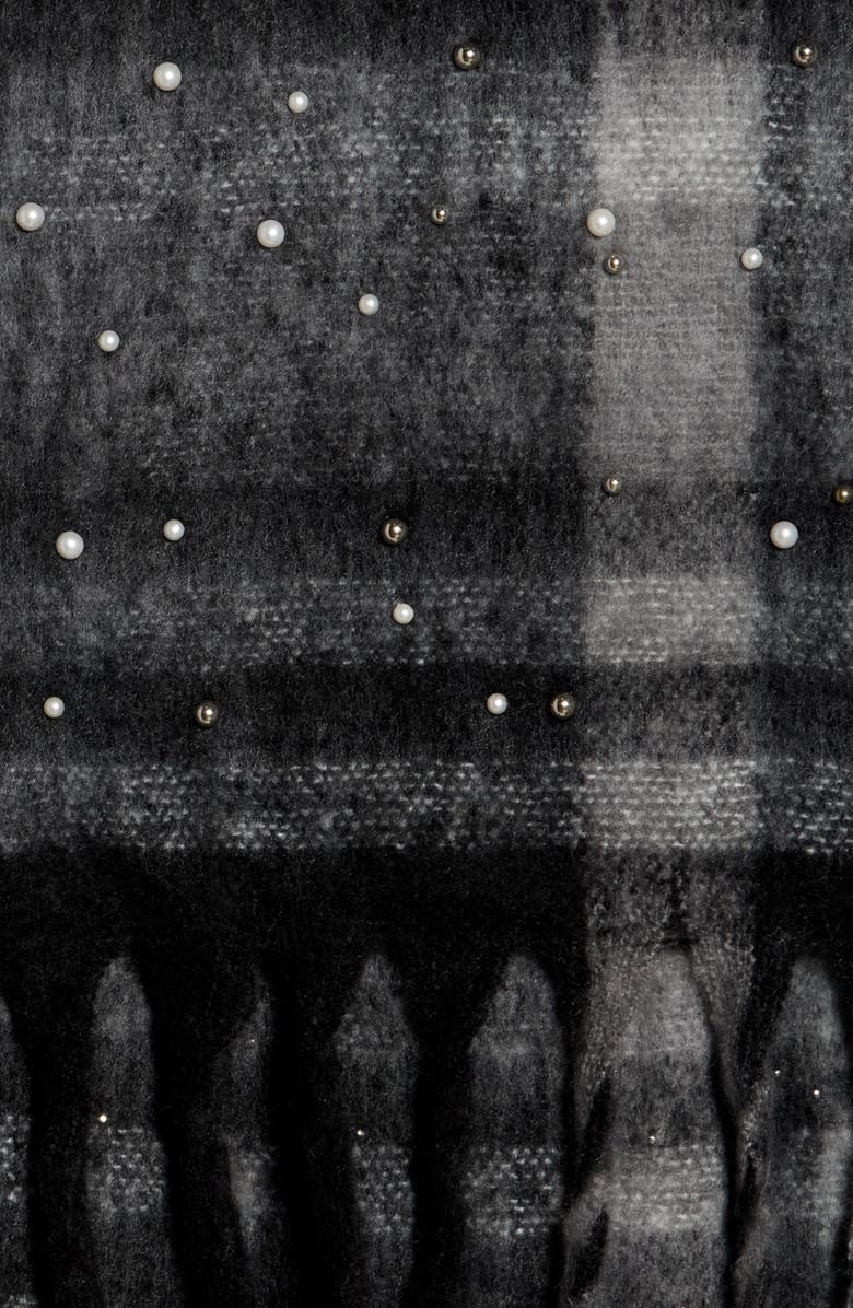 Nanette Lepore Faux Pearl Plaid Fuzzy Scarf, Alternate, color, Black