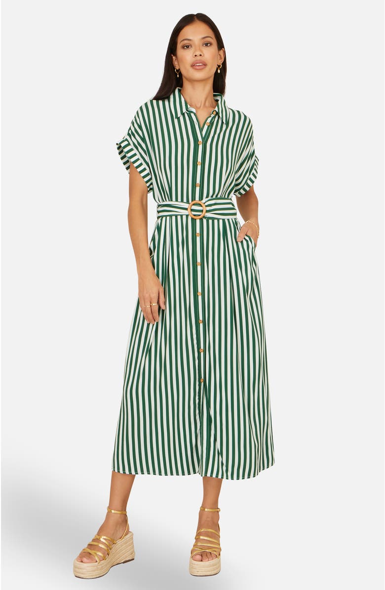 Yumi Stripe Print Belted Midi Shirt Dress, Main, color, Green
