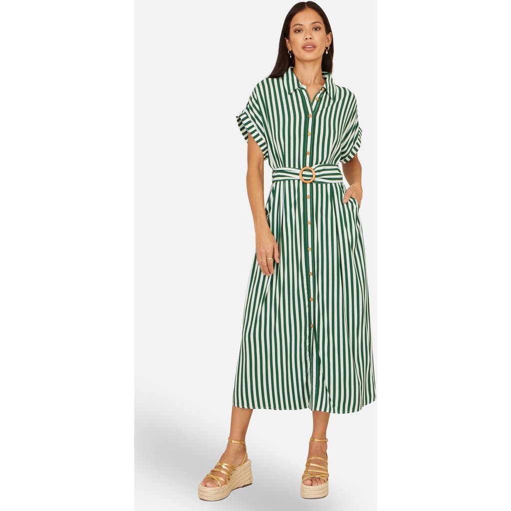 Yumi Stripe Print Belted Midi Shirt Dress in Green at Nordstrom, Size 6