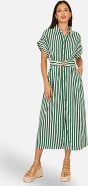 Yumi Stripe Print Belted Midi Shirt Dress