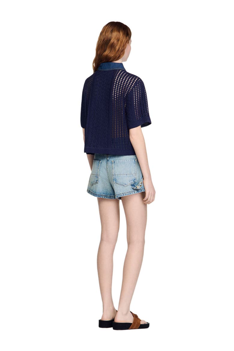 Crochet and denim cardigan, Alternate, color, Navy blue