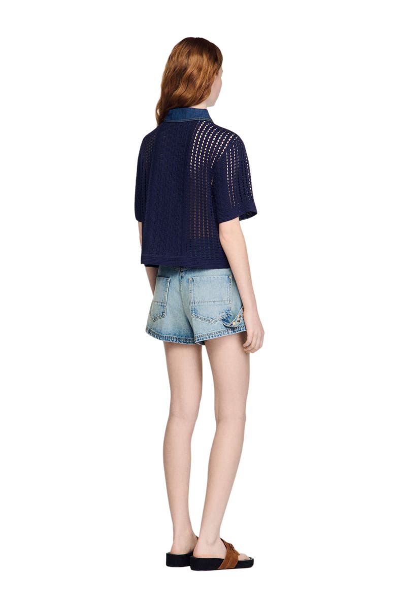 SANDRO Crochet and denim cardigan, Alternate, color, Navy Blue