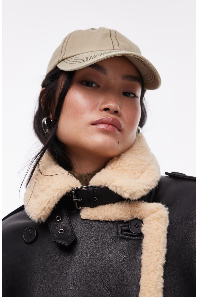 Oversize High Pile Fleece Lined Faux Leather Aviator Coat, Alternate, color, BLACK
