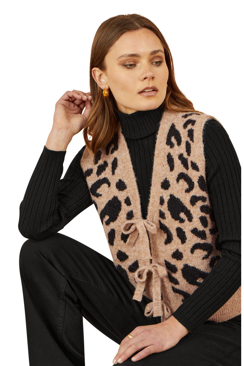 Knitted Cheetah Print Tie Waistcoat, Alternate, color, Beige