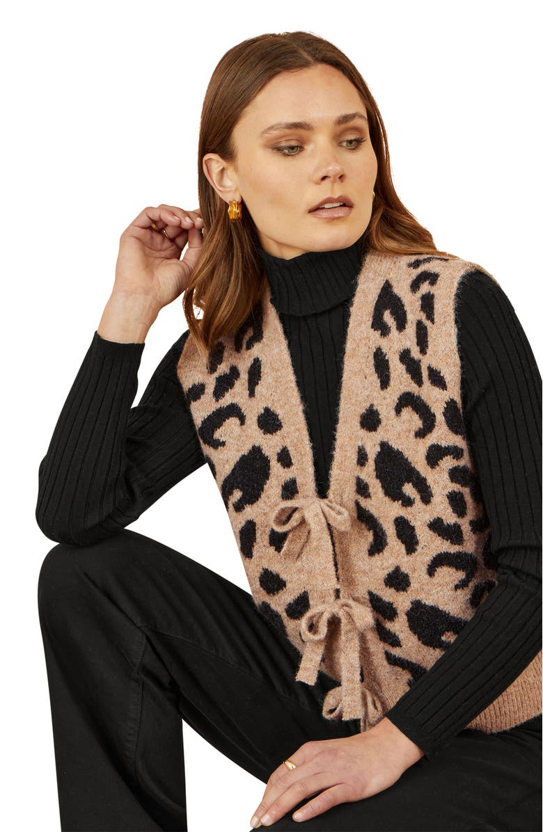 Yumi Knitted Cheetah Print Tie Waistcoat, Alternate, color, Beige