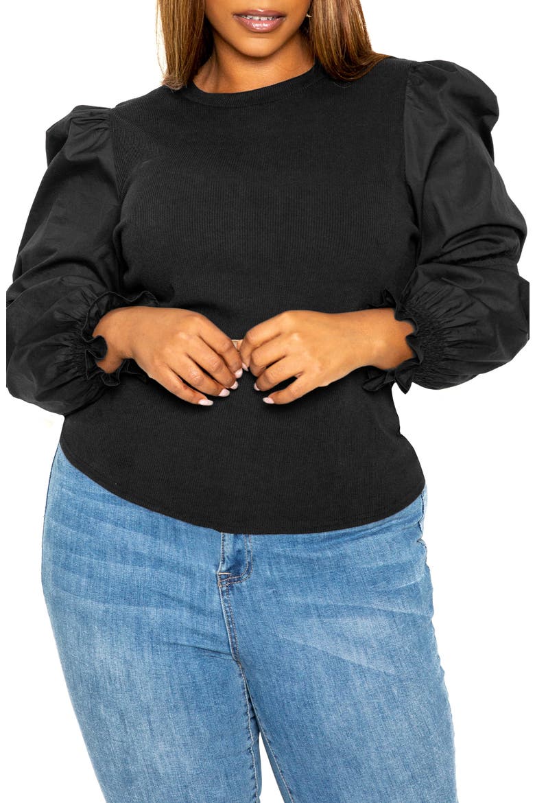 Mixed Media Balloon Sleeve Blouse, Main, color, BLACK