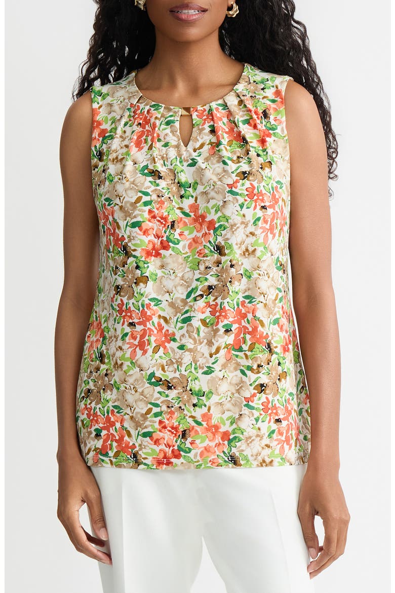 Pleat Neck Sleeveless Top, Main, color, VANILLA ICE MULTI