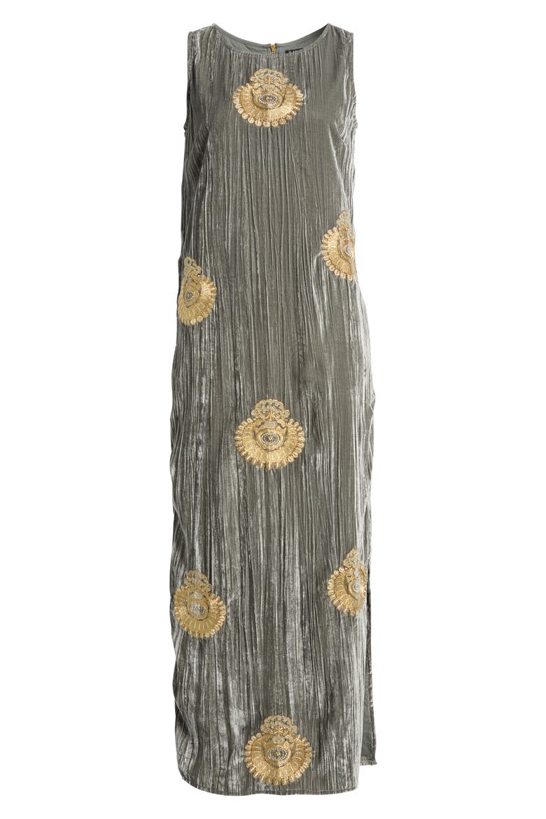 Syra Metallic Embroidery Crushed Velvet Maxi Dress, Alternate, color, GRAY