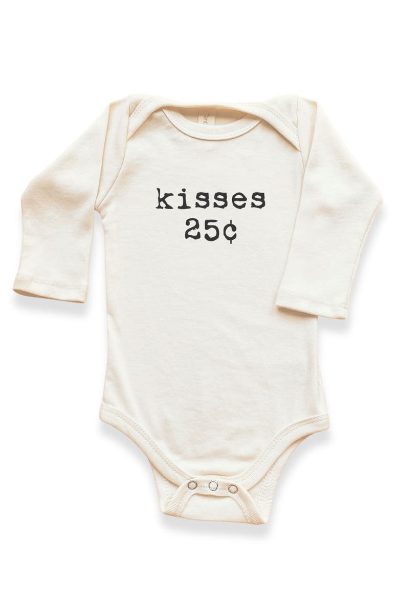 Tenth & Pine Kisses 25c Gender Inclusive Organic Baby Bodysuit Long Sleeve, Main, color, Natural Black Lettering