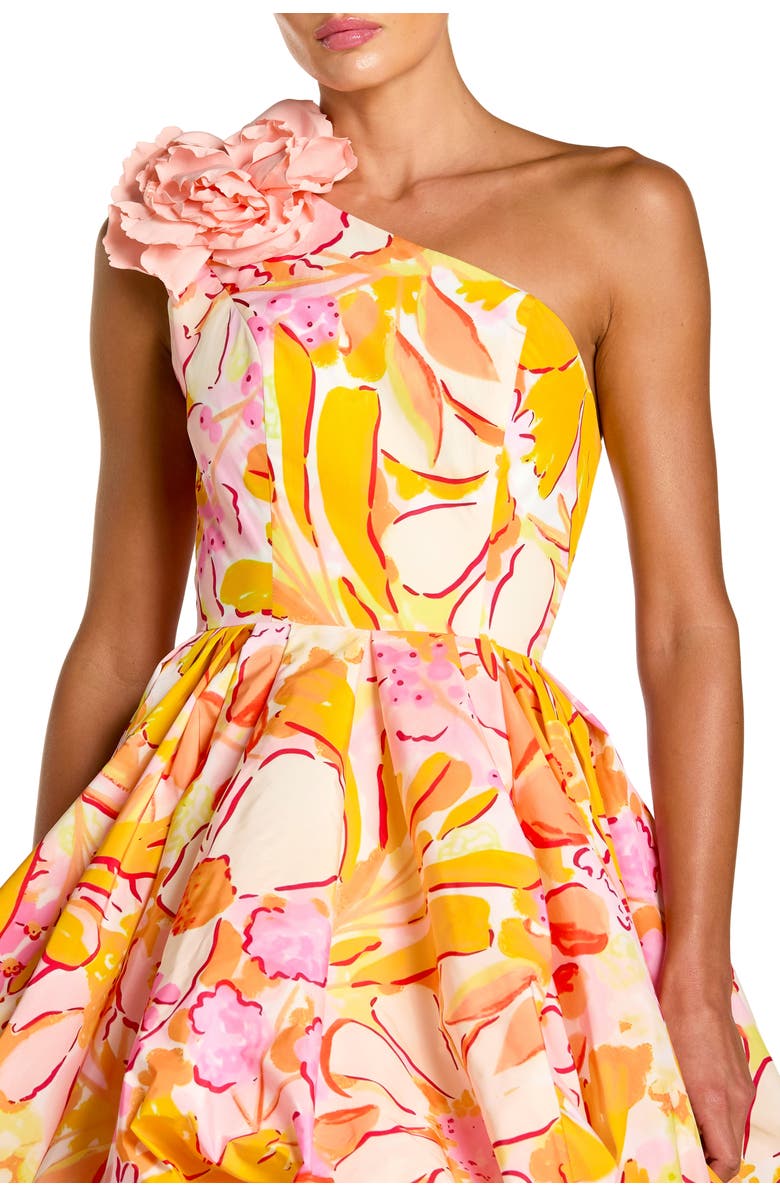 Mac Duggal Floral One Shoulder Bubble Hem Faille Mini Dress, Alternate, color, Sunshine Multi