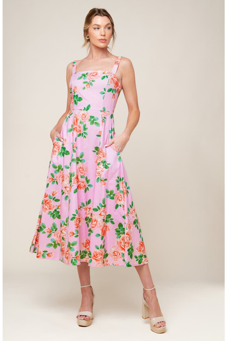 Rose Print A-Line Midi Dress, Alternate, color, BLUSH