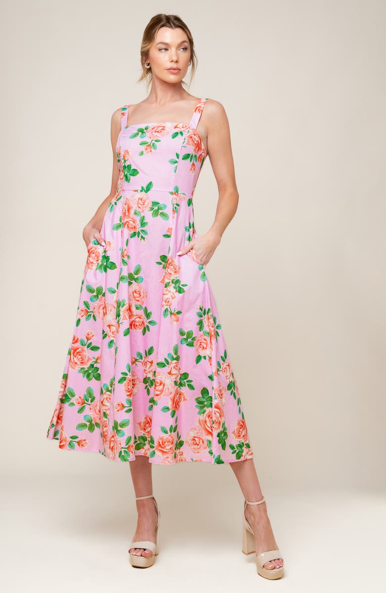 FLYING TOMATO Rose Print A-Line Midi Dress, Alternate, color, Blush