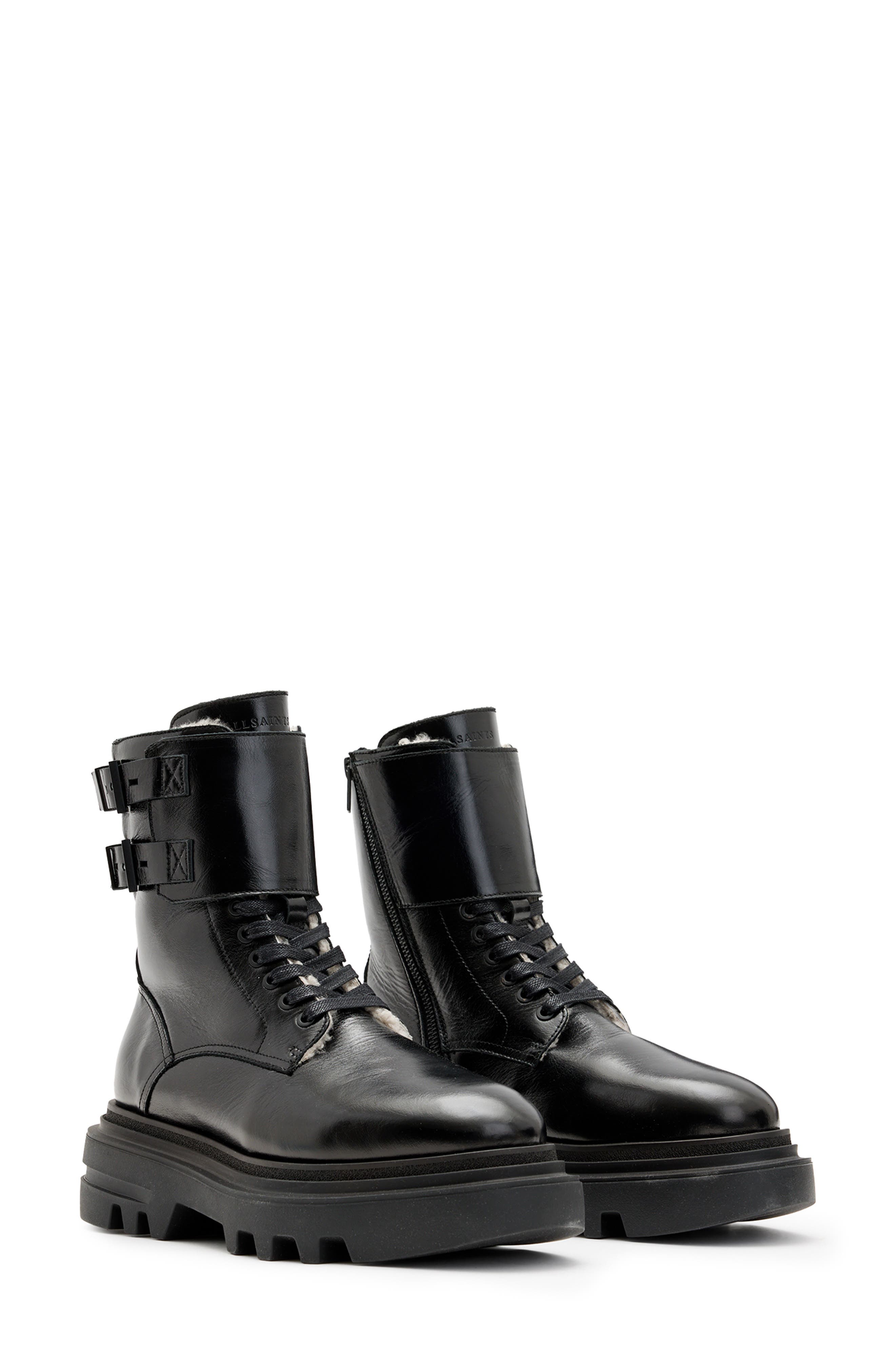 Zoe Genuine Shearling Lug Sole Boot, Main, color, BLACK SHINE