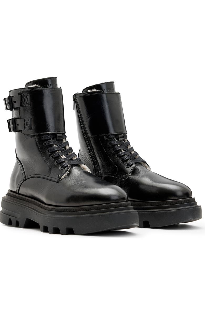 AllSaints Zoe Genuine Shearling Lug Sole Boot, Main, color, Black Shine