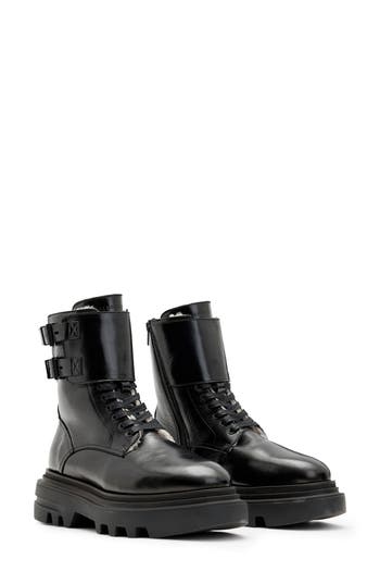 Allsaints Zoe Lace Up Shearling Lined Leather Boots In Black