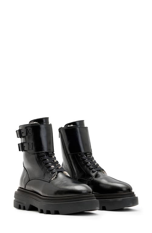 AllSaints Zoe Genuine Shearling Lug Sole Boot in Black Shine 