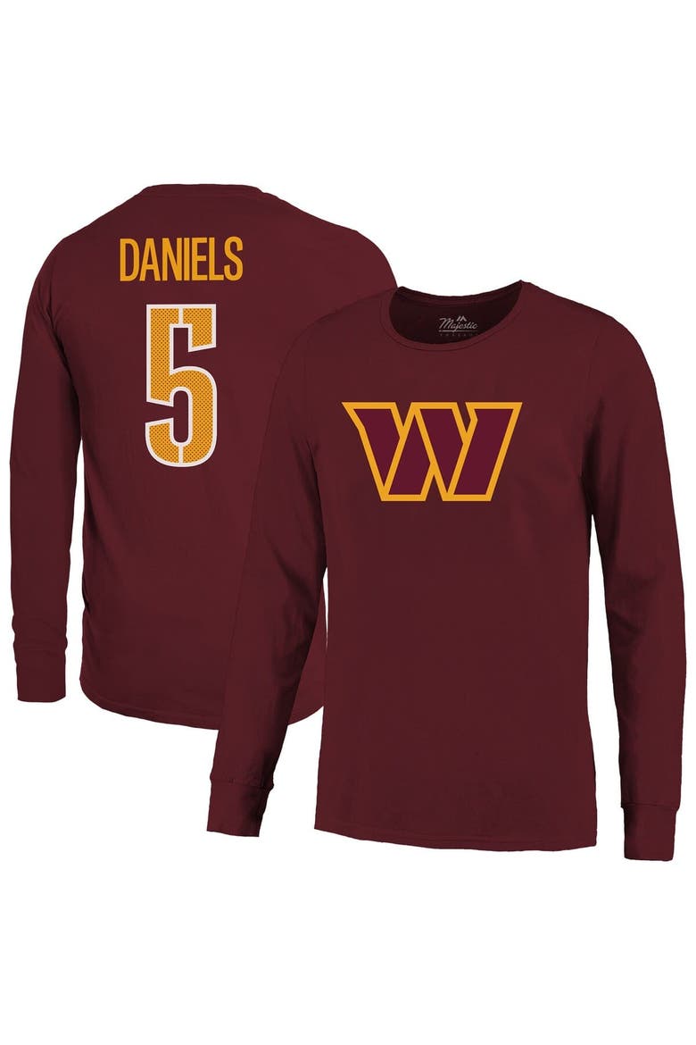 Men's Majestic Threads Jayden Daniels Burgundy Washington Commanders Name & Number Non-Distressed Long Sleeve T-Shirt, Main, color, Burgundy