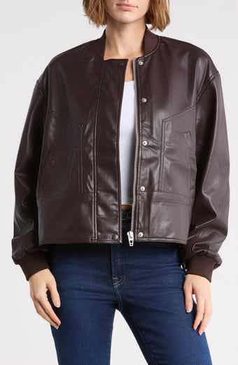 Cinched Waist Faux Leather Bomber Jacket