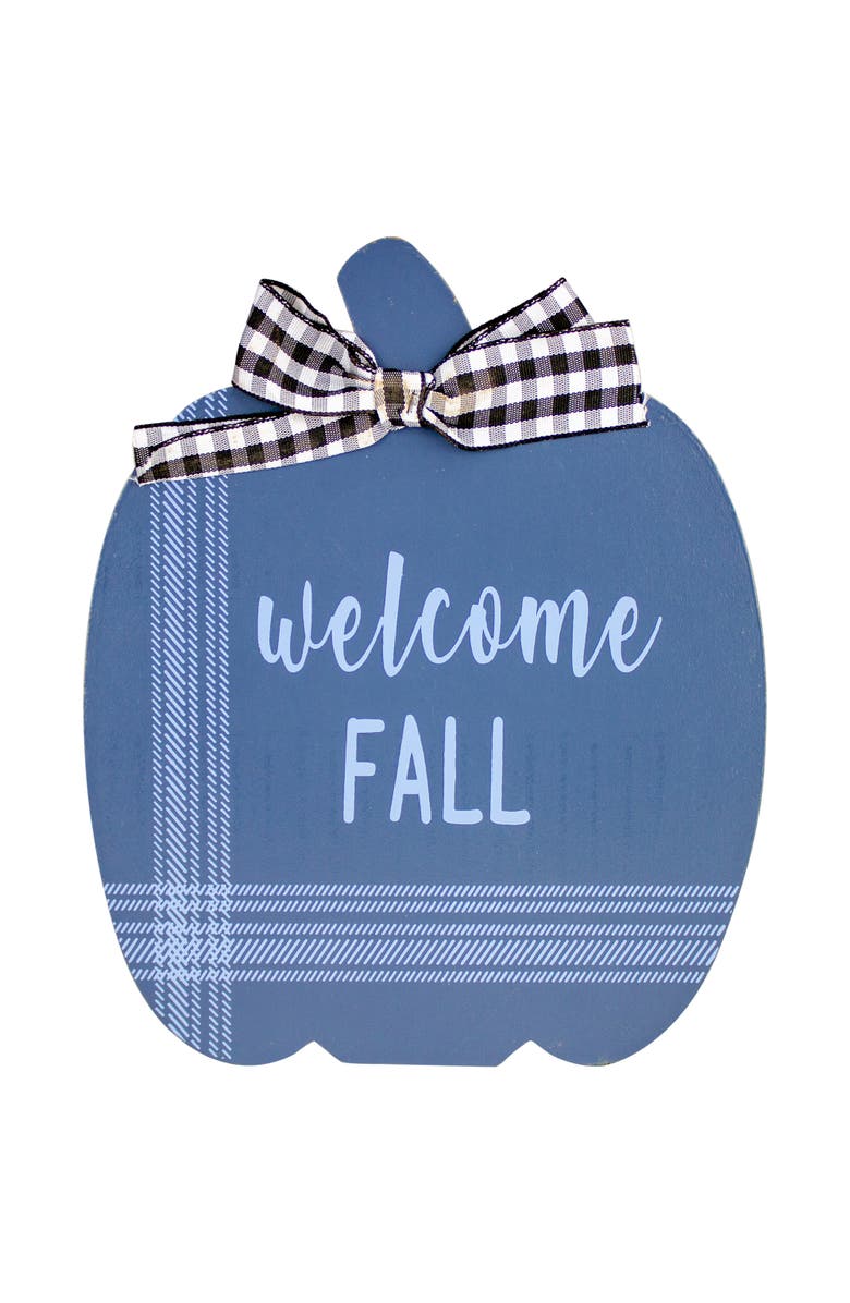 Northlight Fall Harvest Wooden "Hi Pumpkin" and "Welcome Fall" Plaques with Bow - 8" - Set of 2, Alternate, color, Blue