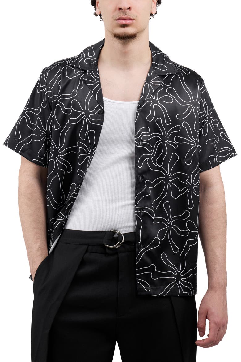 Flower Clouds Printed Camp Shirt, Alternate, color, BLACK