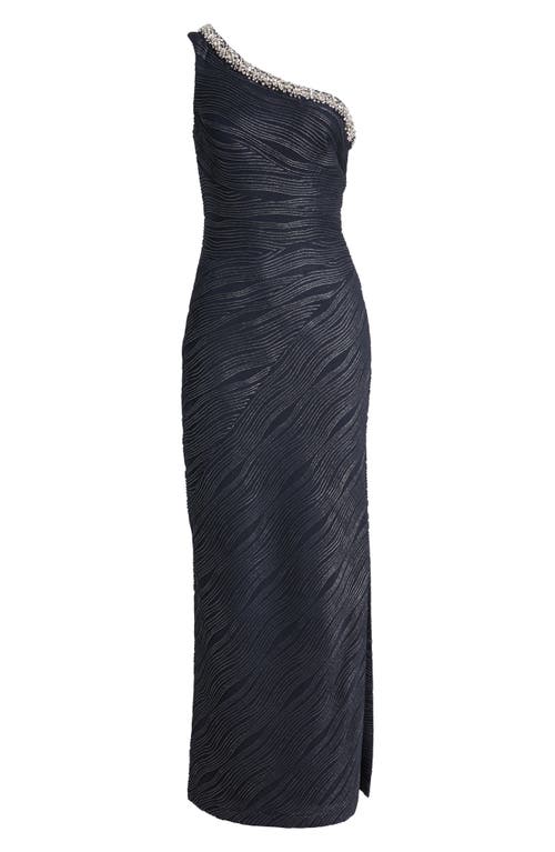 Vince Camuto Rhinestone & Foiled Wave Stripe One-shoulder Sheath Gown In Navy