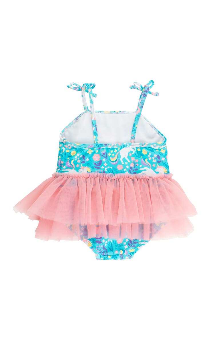 RuffleButts Toddler Girls UPF50+ Tulle Skirted One Piece, Alternate, color, Bright Aqua Unicorn Meadow