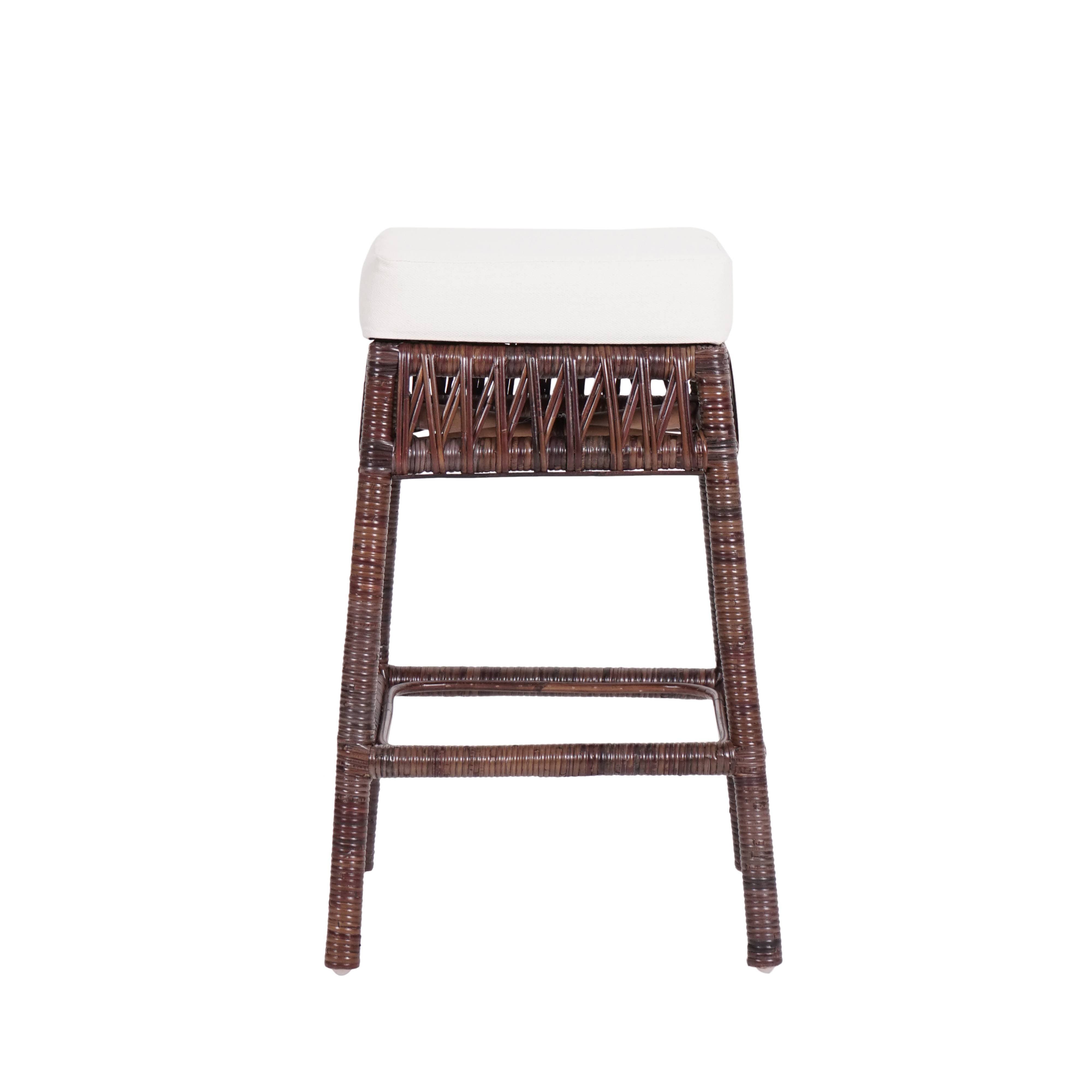 JONATHAN Y Bali Rattan Backless Counter Stool, White Cushion with Woven Frame in Dark Brown 25.5" Counter Stool 