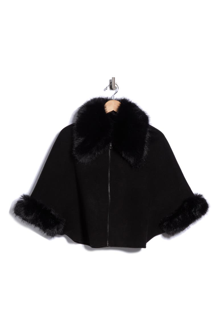 Faux Fur Trim Wool Cape, Alternate, color, BLACK
