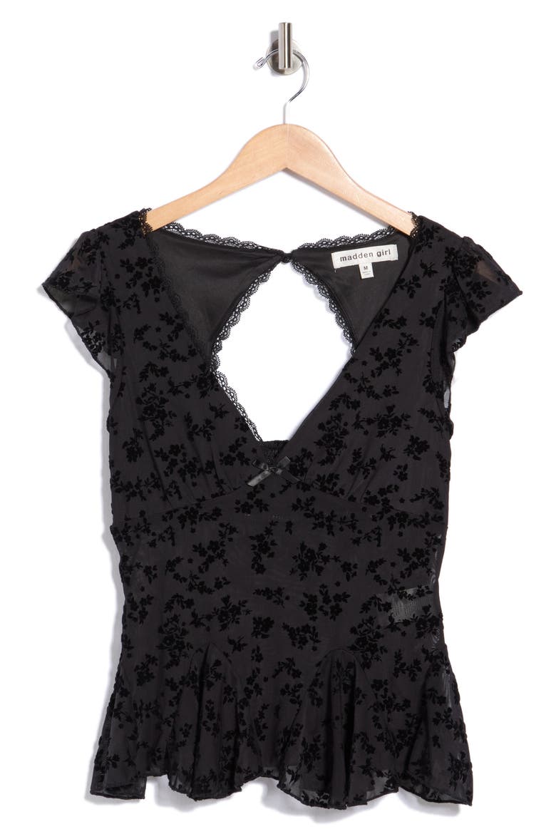 Flutter Sleeve V-Neck Burnout Top, Alternate, color, BLACK