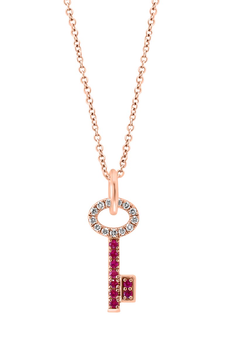 EFFY 14K Rose Gold Ruby & Diamond Key Pendant Necklace - 0.10ct., Main, color, Red
