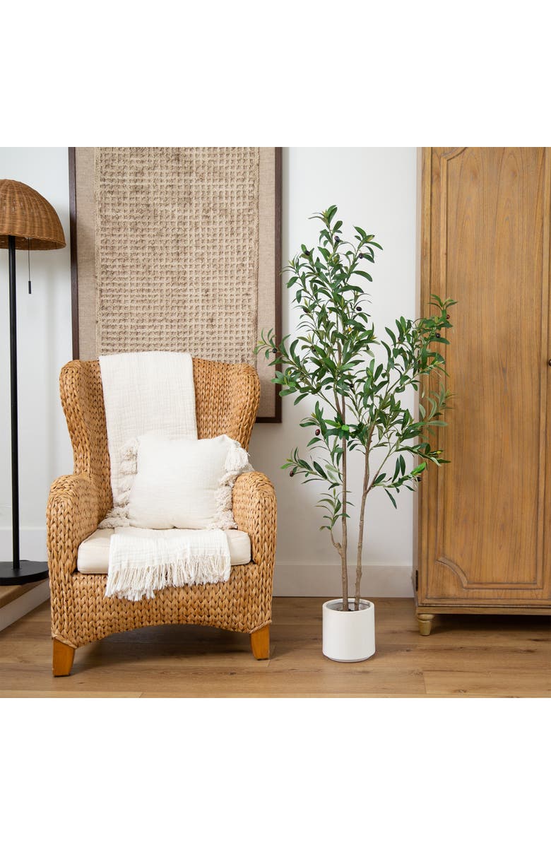 NEARLY NATURAL 5-ft Artificial Minimalist Olive Tree in White Decorative Planter, Alternate, color, Green