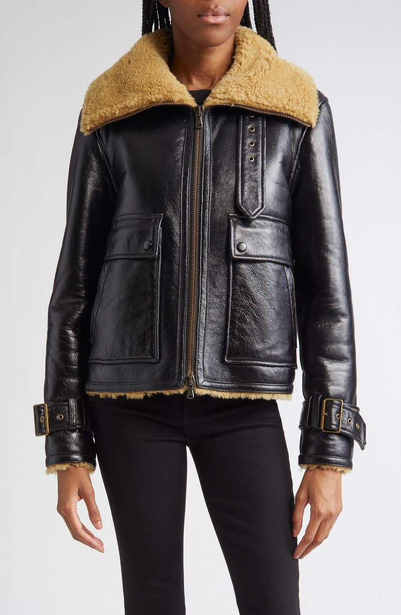 Veronica Beard Danika Genuine Shearling Jacket, Main, color, Shiny Blacks
