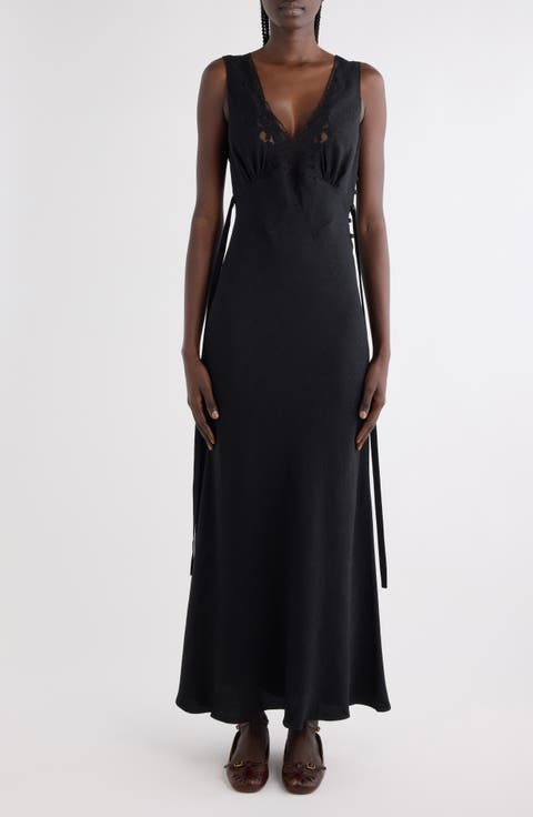 Lace Trim Floral Jacquard Silk Column Dress