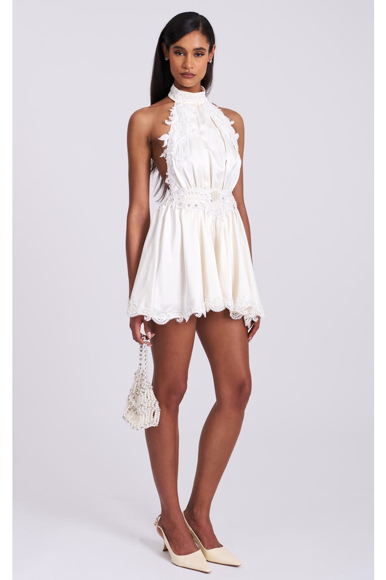 Idalia Beaded Lace Trim Backless Halter Mini Dress, Main, color, White