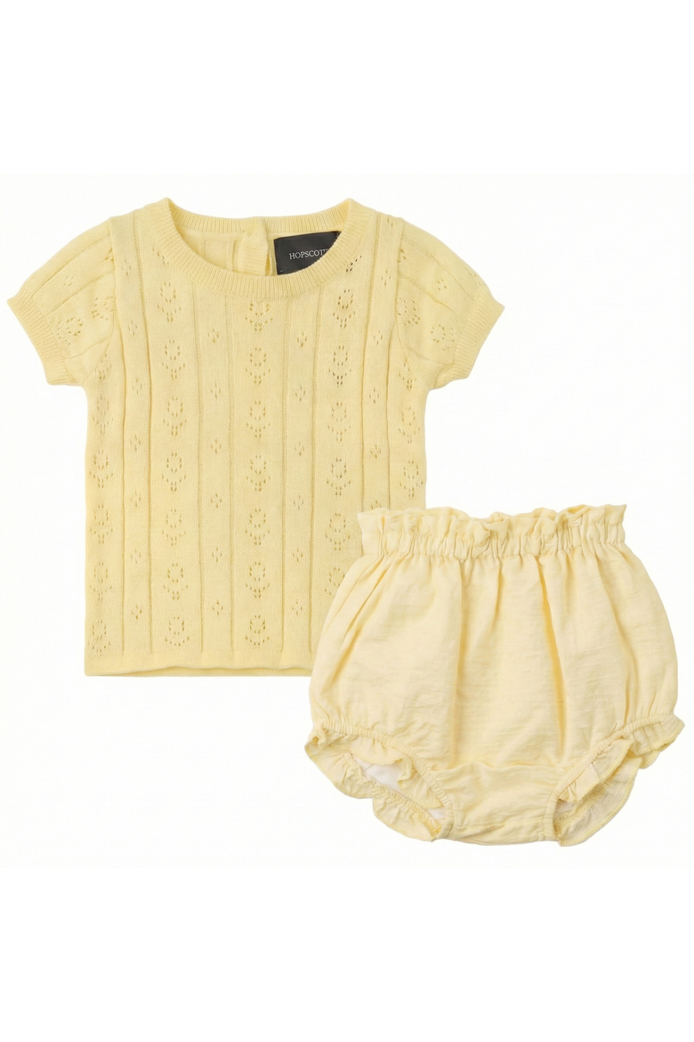 Girl Pointelle Short Sleeve Top and Bloomer 2-Piece Set, Main, color, Butter