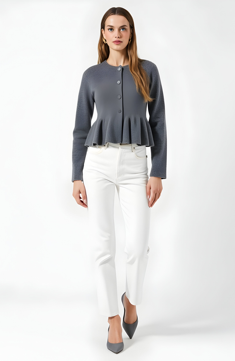 Modenaire Button-Up Peplum Cardigan, Alternate, color, Grey