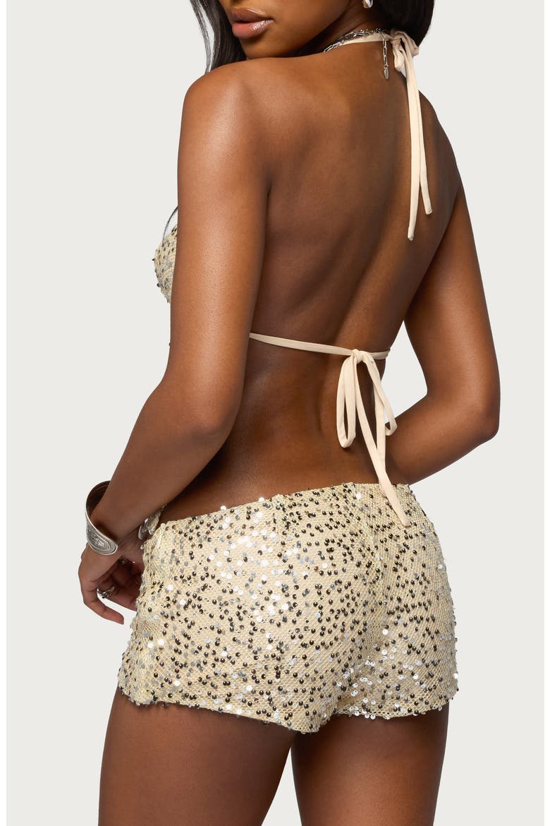 Annael Sequin Mesh Open Back Halter Top, Alternate, color, BEIGE