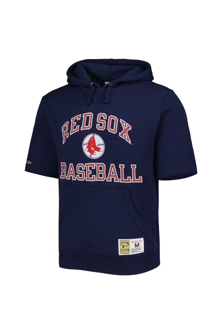 Men's Mitchell & Ness Navy Boston Red Sox Cooperstown Collection Washed Fleece Pullover Short Sleeve Hoodie, Alternate, color, Navy