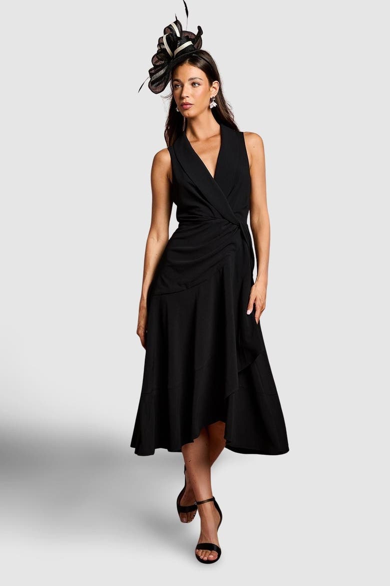 Shawl Collar Ruffle Hem Midi Dress, Main, color, Black