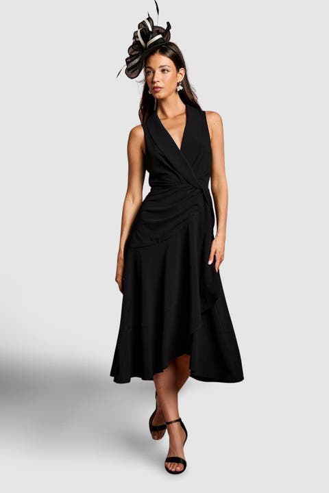Shawl Collar Ruffle Hem Midi Dress