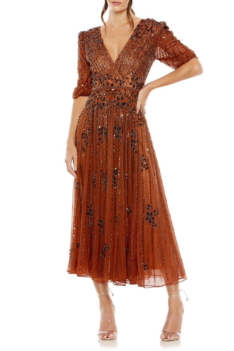 Sequin Embellished Puff Sleeve Cocktail Dress, Main, color, CINNAMON