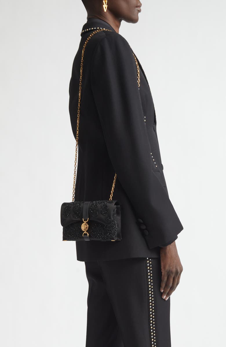 Versace Mini Kleio Embellished Satin Wallet on a Chain, Alternate, color, Black-Versace Gold