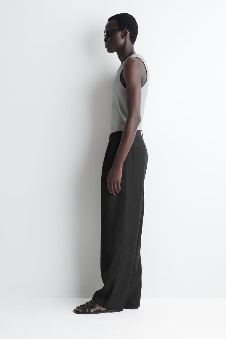 Belted Linen-blend Relaxed-fit Wide-leg Pants, Alternate, color, BLACK