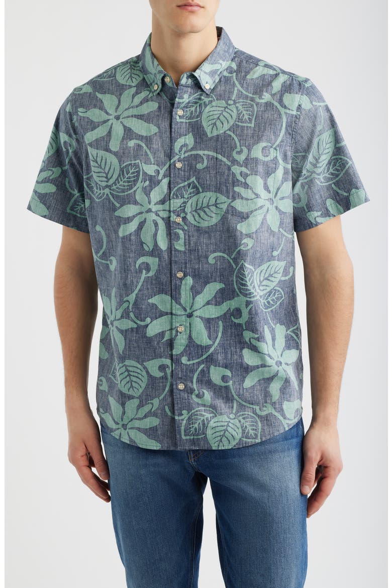 Tiare Pareau Floral Cotton Button-Down Shirt, Main, color, NAVY