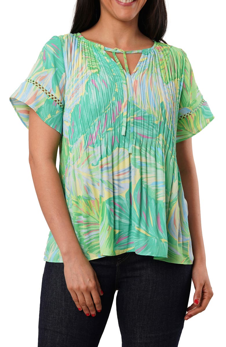 SUNNY LEIGH Ruffle Pleated Tie Neck Short Sleeve Top, Main, color, Remi