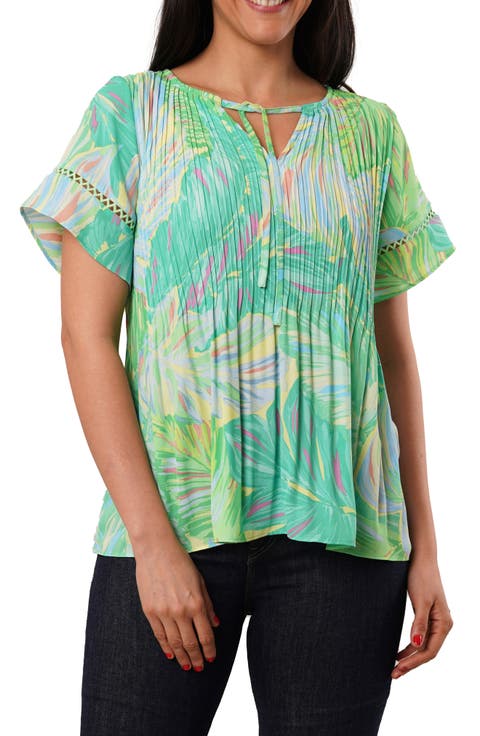 Ruffle Pleated Tie Neck Short Sleeve Top