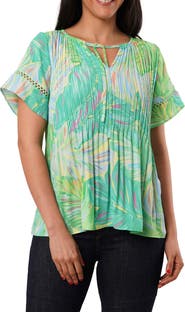 SUNNY LEIGH Ruffle Pleated Tie Neck Short Sleeve Top