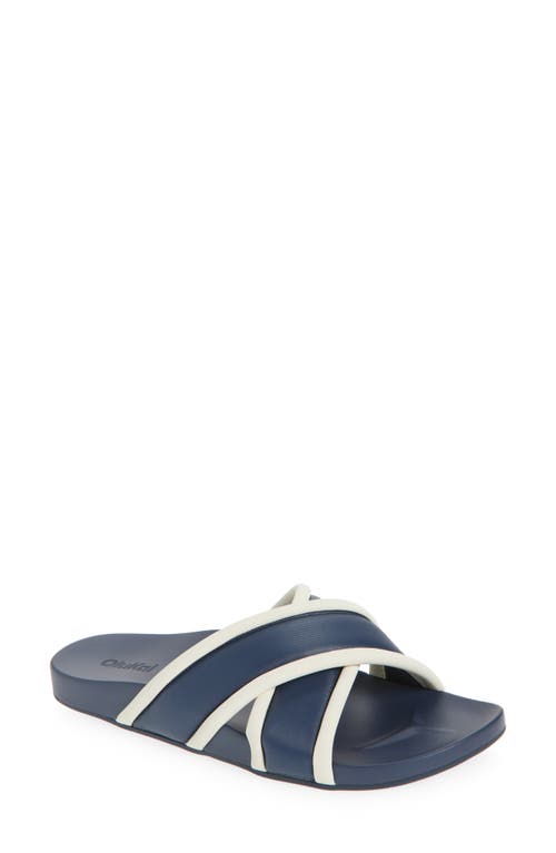 OluKai Ani Water Resistant Crisscross slide Sandal in Mood Indigo /White Sand 
