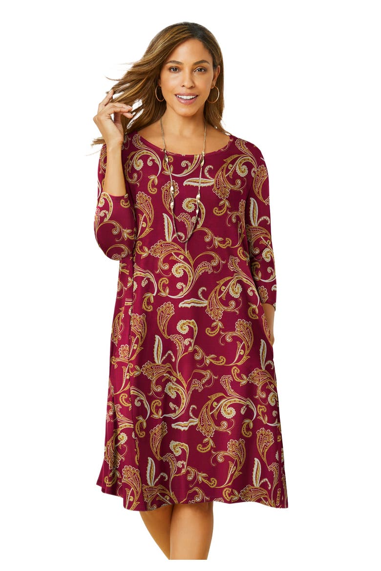 Stretch Knit Three-Quarter Sleeve T-shirt Dress, Main, color, BURGUNDY PAISLEY SCROLL