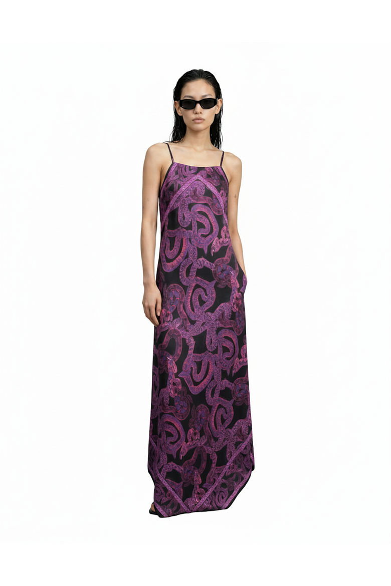 Silk Serpent Noir Maxi Dress, Main, color, Magenta